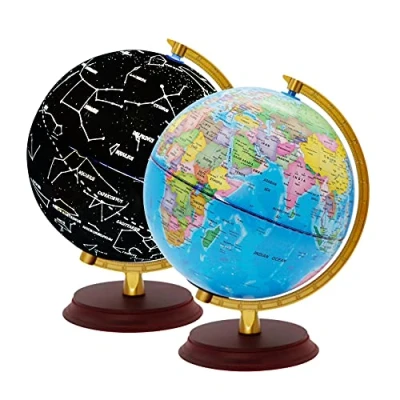 Imagen de EXERZ 20cm Globo terráqueo iluminado base madera Mapa en Inglés Político (durante el día) Constelación de estrellas (Noche) Lámpara LED luz Diversión y educación