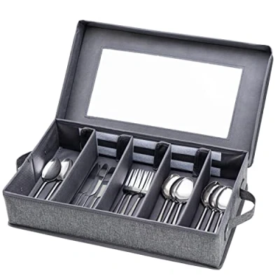 Imagen de caja de almacenamiento cubiertos, soporte para utensilios con tapa extraíble y separadores ajustables organizar utensilios, cuchillos, gran