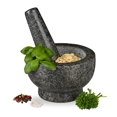 Imagen de Relaxdays 10029950 Mortero Granito, Maja, Robusto y Duradero, Especias, Hierbas, Triturador Piedra, Diámetro 13 cm, 250 ml, Gris