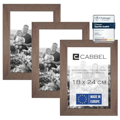 Imagen de CABBEL Juego de 3 Marcos Fotos 18x24 cm, Marco Madera MDF con Cristal acrílico irrompible, Color Roble Oscuro