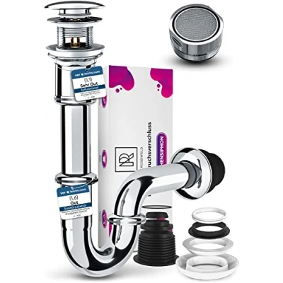 Imagen de Sifón Tubular de Latón con Tapón Desagüe Universale G1 1/4&quot; y Aireador Grifo Tubo Cromado para Lavabo Fregadero ¡Ahorra Agua Mejora tu Baño Fácil Instalar!