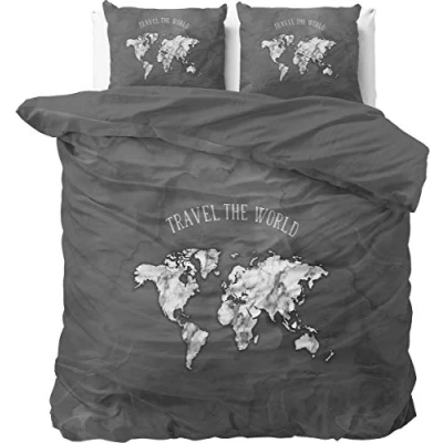 Imagen de Sleep TIME Juego de cama 100% algodón, diseño mapamundi, color gris, 200 x 220 cm, con 2 fundas almohada 60 70 cm