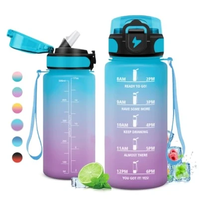 Imagen de Botella Agua Niños 500ml, con Pajita, Motivadora y Prueba de Fugas, Deporte Reutilizable, Garrafa para Niño, Niña, Colegio, Preescolar, Guardería, Bicicleta