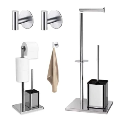 Imagen de Portarrollos Papel Higienico Soporte de Pie con Escobillero + 2 Ganchos Adhesivos para Pared Porta Rollos Acero Inoxidable sin Taladrar Baño (Plata)