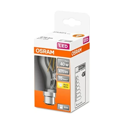 Imagen de OSRAM Lámpara LED Star de filamento claro, base B22d, blanco cálido (2700K), forma bombilla, sustituye a las bombillas convencionales 40W, paquete 1