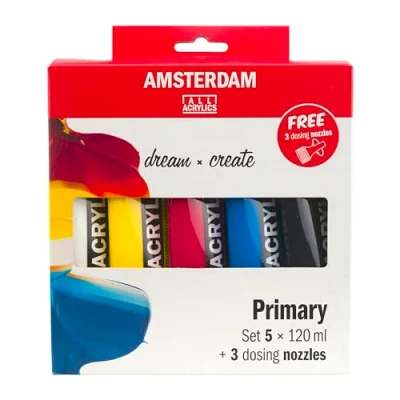Imagen de Amsterdam Standard Series Set de Mezcla Pintura Acrílica (5 x 120 ml) Colores Primarios + Negro y Blanco 3 Boquillas Dosificadoras