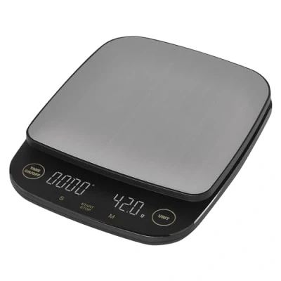 Imagen de EMOS Báscula digital de café acero inoxidable cocina para barista Peso máximo 3 kg, precisión 0,1 g Función TARA, temporizador, indicador LED g, lb, oz gancho