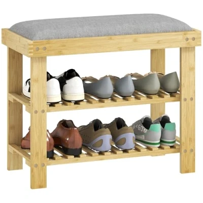 Imagen de HOMCOM Banco Zapatero de Bambú con Asiento Acolchado 2 Estantes para 6 Pares Zapatos Entrada Dormitorio 60x29x49 cm Natural y Gris