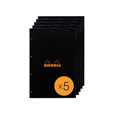 Imagen de RHODIA 202009C Bloc Notes Agrafé N20 Black A4+ Petits Carreaux 80 Feuilles Détachables Perforation 4 Trous Papier Clairefontaine Blanc g/m² Paquet de 5 blocs