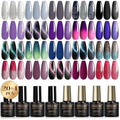 Imagen de ROSALIND Esmaltes Semipermanentes Para Uñas, 24 Piezas Plata Gris Negro Violeta Rojo Colores Pintauñas Semipermanentes,UV LED de Gel Ojo Gato Magnético Camaleon Manicure Regalo