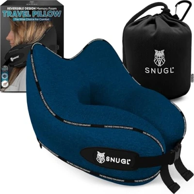 Imagen de SNUGL Almohada de Viaje para el Cuello, Espuma viscoelástica, avión, con Bolsa Transporte y Clip, Dormir en Producto básico vuelos, Color Azul Marino