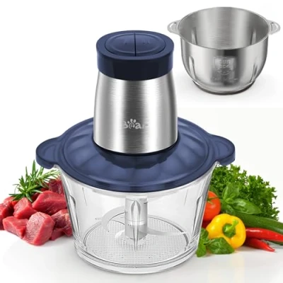 Imagen de Bear 2L+1.8L Picadora eléctrica, 600 W 2 ajustes de velocidad, con 4 cuchillas acero inoxidable y carne, recipiente cristal para alimentos niños