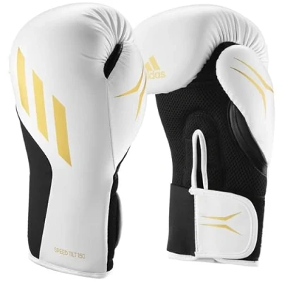 Imagen de adidas Speed Tilt 150 con nueva tecnología para hombres, mujeres, unisex, boxeo, saco de kickboxing, MMA, y entrenamiento (blanco/dorado/negro, 14 onzas)