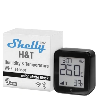 Imagen de Shelly H&amp;T Gen3 Negro Sensor De Temperatura y Humedad Wi Fi Bluetooth Automatizacion Del Hogar No Hub Requerido Batería Larga Duración Montaje En Pared