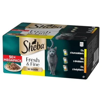 Imagen de Sheba Comida húmeda para gatos Fresh &amp; Fine Selection en salsa, bolsa de 50 x g, Mega Pack gatos, variación con pavo, pollo y aves corral adultos