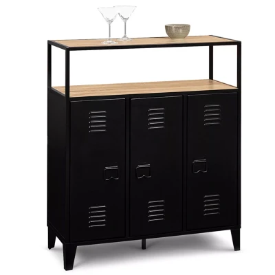 Imagen de IDMarket Mueble de bar aparador Ester con 3 puertas metal negro y bandeja madera haya
