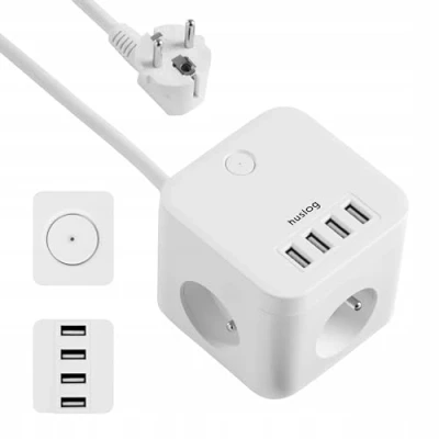Imagen de Huslog Regleta Multienchufe con 4 Puertos USB 3 Tomas 1.5m Cable Negro (Blanco)