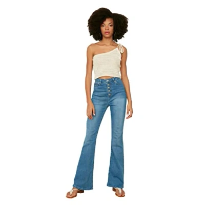 Imagen de Trendyol High Waist Flare Jeans with Open Front, Clear Blue, 36 De Las Mujeres