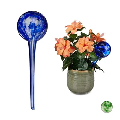 Imagen de relaxdays Globos de Riego, Dispensadores Agua Maceta, Regadores Automáticos, Autoriego, Cristal, Ø 9 cm, Azul, 2 Uds