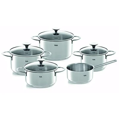 Imagen de Fissler Copenhagen Juego de ollas acero inoxidable, 5 piezas, 3 con tapa cristal, 1 cacerola cristal y cazo sin tapa, para todo tipo placas, también inducción