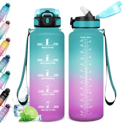 Imagen de KollyKolla Botella Agua 1.5L, Motivadora, de con Pajita, Prueba Fugas, Reutilizable Cantimplora para Adulto, Colegio, Gimnasio, Oficina, Bicicleta, Gym, Fitness