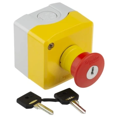 Imagen de Schneider Electric XALK188E Plástico Estación de Control, Tapa Amarilla, 1 Pulsador Seta Rojo 40 Ø, 1NC+1, Gris Claro