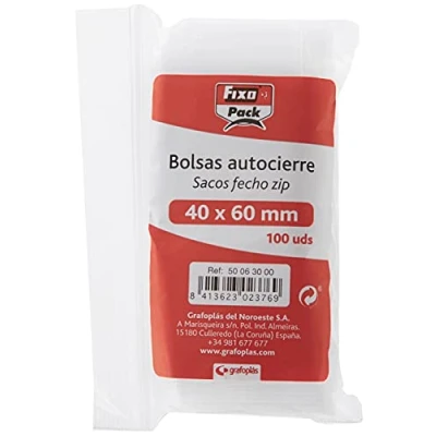 Imagen de Fixo Pack 50063000－Pack de 100 bolsas Polietileno Transparentes con autocierre, 40 x 60 mm