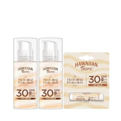 Imagen de Hawaiian Tropic Tripack Protección Solar Facial: 2 Lociones Hydrating Protection SPF 30 (50 ml) + 1 Bálsamo Labial