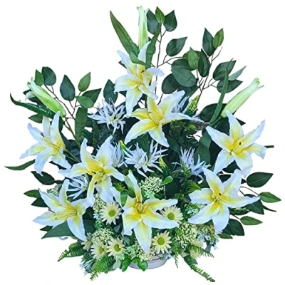 Imagen de DRW Centro de Flores Artificiales Cementerio, Santos, Aniversarios Redondo Amarillo y Blanco (Centro 64x70x30 cm)
