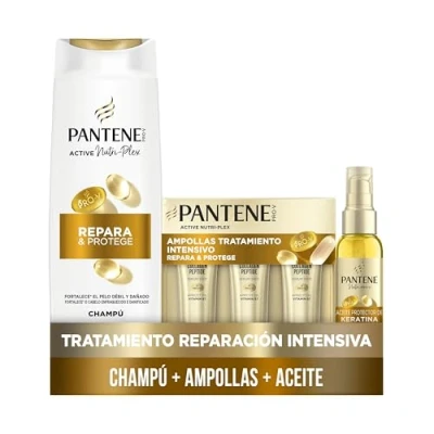 Imagen de Pantene Pro V Repara Y Protege Champú 325ml, Ampollas 3X15ML, Aceite Protector Keratina 100ml, Para Pelo Seco Dañado. Limpieza Suave