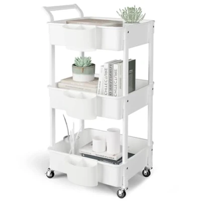 Imagen de HBTower Carrito de Almacenamiento con Tazas Colgantes, 3 Pisos, Servir Multiusos Ruedas, para Cocina, Maquillaje, baño, Oficina, Blanco