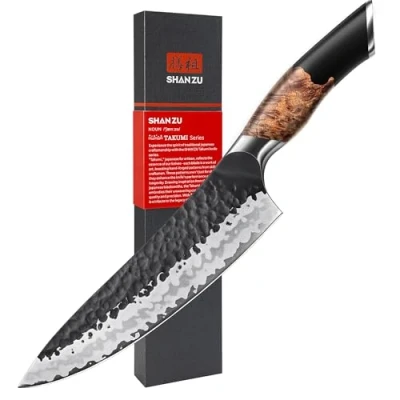 Imagen de SHAN ZU Cuchillo Japonés Forjado a Mano, de Cocina 20 cm, 7 Capas Chef Afilado Acero al Carbono, Gyuto Profesional para Verdura y Carne, Mango Madera Arce