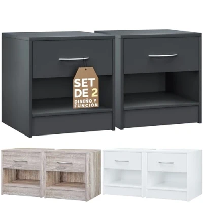 Imagen de CASARIA® Set de 2 Mesitas Noche Mesa Auxiliar Mueble Dormitorio Mesilla Cajonera Cama 41x39x28cm Roble