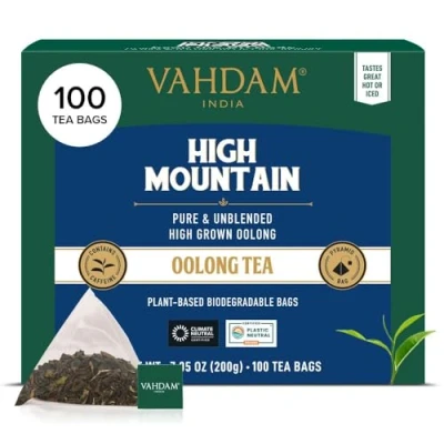 Imagen de VAHDAM, High Mountain Té Oolong (100 Piramidales Bolsitas De Té) Infusión 100% Puro, Sin Mezclar Envasado Fresco En La India Caliente, Frío O Como Kombucha