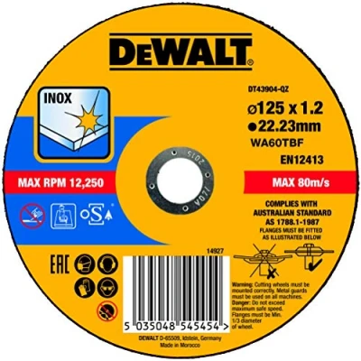 Imagen de DEWALT DT43904 QZ Disco de corte plano INOX con grano profesional óxido aluminio Thin Cut 125 x 1.2 22.23 mm