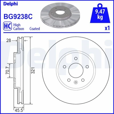 Imagen de DELPHI BG9238C Disco de freno 321 28 5 ventilado revestido altamente carbonizado sin cojinete rueda, anillo sensor ABS