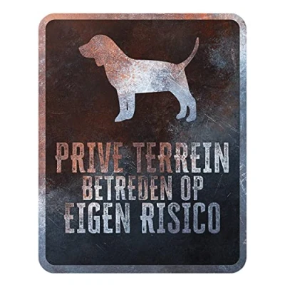 Imagen de D&amp;D Home, Panel de Aversión Atención al Perro, 25x20x0,3 cm, Versión holandesa, Fondo Negro, Señal advertencia metal resistente óxido con texto divertido