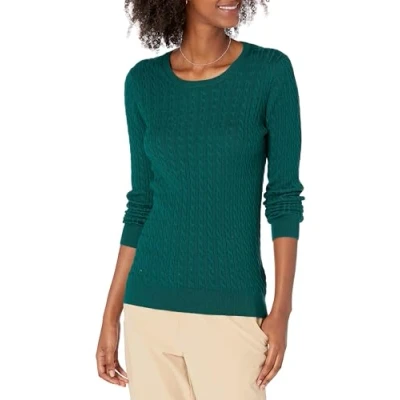 Imagen de Amazon Essentials Jersey de Cuello Redondo y Manga Larga en Ligero Punto Trenzado (Disponible Tallas Grandes) Mujer, Verde Oscuro, XS