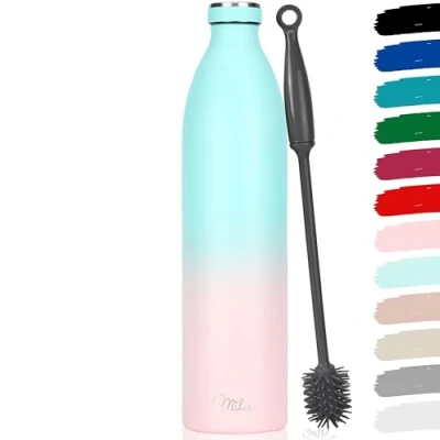 Imagen de Milu botella de acero inoxidable 350ml 500ml 750 ml 1 L 1,5 agua aislada, termo a prueba fugas, doble pared, apta para ácido carbónico + cepillo limpieza (Rosa Menta, 1,5L)