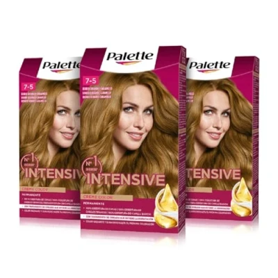 Imagen de PALETTE Intensive Creme Color 7 5 Rubio Dorado Caramelo, tinte permanente con aceite de macadamia y almendras, cubre el 100% las canas raíces, para un pelo radiante