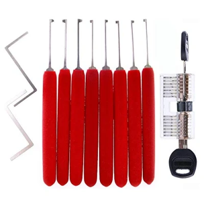 Imagen de Loboo Idea cerradura Kaba transparente 2 en 1 y 10 piezas de ganzúas acero inoxidable, herramientas desbloqueo cerrajero con mango goma roja doble extremo para