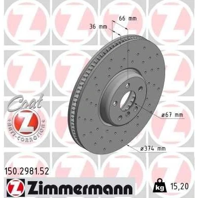 Imagen de ZIMMERMANN 150.2981.52 Disco de freno 374 36 6/5 5 112 ventilación interna, perforado revestido altamente carbonizado BMW: 3 Touring, Berlina