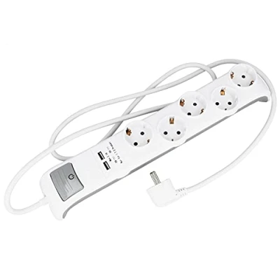 Imagen de Amig Base Múltiple Mod.5520 o Regleta con 5 Tomas Enchufes Schuko Toma de Tierra e Interruptor + 2 USB Máximo 2,1 A Cable 3G 1,5 mm² y 1,4 m