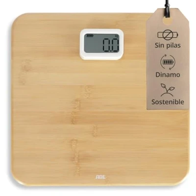 Imagen de ADE Báscula corporal digital sin pilas con dinamo respetuoso al medio ambiente resultados de pesaje precisos en pasos 100 g superficie auténtica madera bambú hasta 150 kg