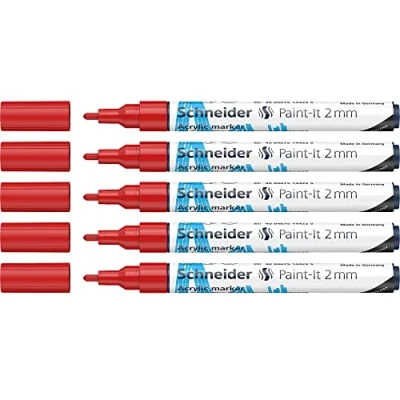Imagen de Schneider 120102 Paint It Lápices acrílicos (con punta redonda de 2 mm, pinturas acrílicas alta cobertura para madera, lienzo, piedra, etc.), 5 unidades, color rojo