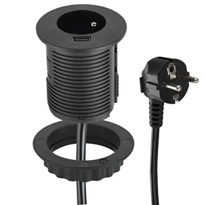 Imagen de Electraline 35432 Regleta empotrable compacta con 1 Toma + Puerto USB 2.0A Carga rápida para Escritorio/Mesa, 60 mm de diámetro, fácil Instalar, Extensor 2 m Cable, Gris, 17.3&#039;&#039; HD+