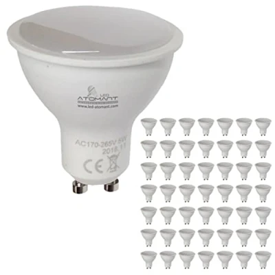 Imagen de LED ATOMANT Pack 50x Bombilla GU10 5W. Color Blanco Calido (3000K). 550 lumenes reales. 120 grados de apertura. Recambio bombillas 50W.