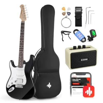 Imagen de Donner Guitarra Eléctrica para zurdos de tamaño completo 39 pulgadas con amplificador, bolsa, capo, correa, cuerda, sintonizador, cable y púas (Negro, DST 100BL)
