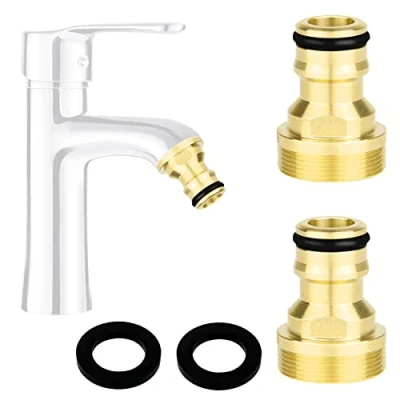 Imagen de UGBO Adaptador Manguera Grifo Cocina Conector Universal Latón Enchufe Rapido Agua Conectores de Jardin para 23 mm Rosca Exterior y 21 Interno 2 Pieza (Dorado)