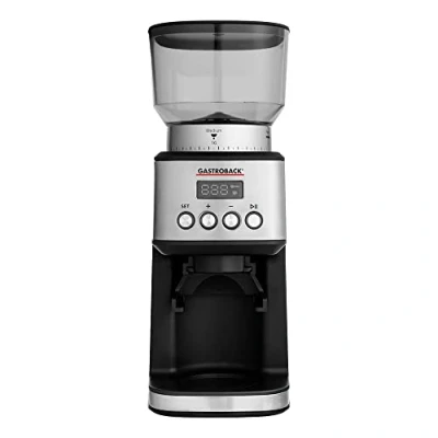 Imagen de GASTROBACK Molinillo de café digital diseño #42643, 31 ajustes grado molienda fino a grueso, 2 modos automáticos: directa en el portafiltros o depósito, plata/negro